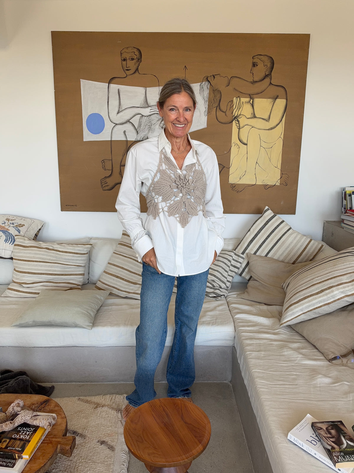Bergen Blouse in white cotton poplin, styled with a handmade crochet halter top in natural beige and blue denim.